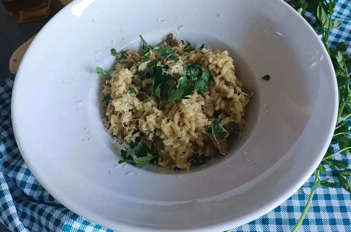 Kremowe risotto z pieczarkami, posypane parmezanem i świeżą natką pietruszki, podane w białej misce.