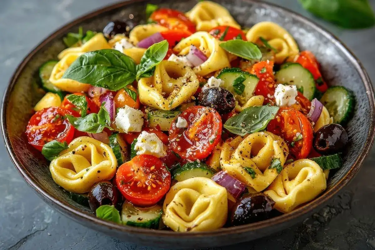 Kolorowa sałatka z tortellini, pomidorkami koktajlowymi, og&oacute;rkiem, fetą i czarnymi oliwkami, udekorowana świeżą bazylią.
