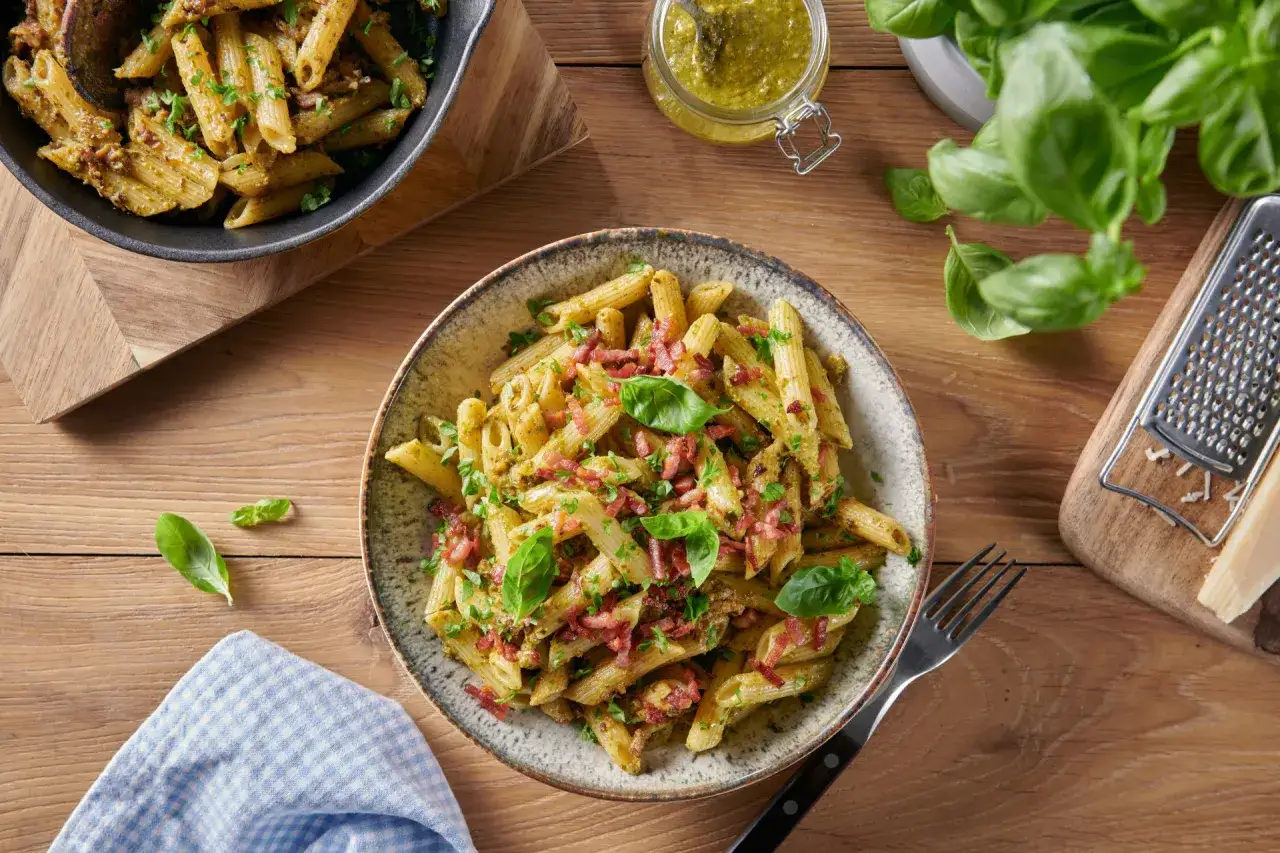 Penne z chrupiącym boczkiem i świeżą bazylią, polane aromatycznym makaronem z pesto ze słoika. Pyszny obiad gotowy w mig!