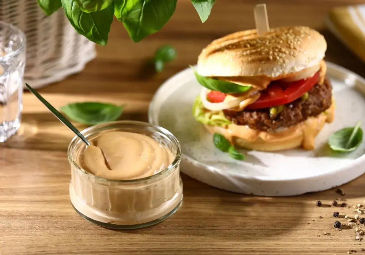 Pyszny sos do hamburger&oacute;w w słoiczku obok soczystego burgera z pomidorem i sałatą. Idealny dodatek do każdej kanapki.