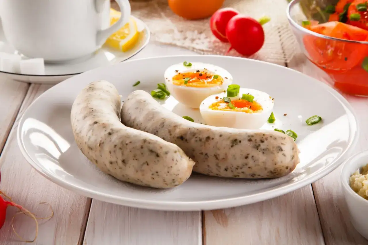 Pyszna biała kiełbasa z jajkiem na twardo i szczypiorkiem. Idealny pomysł na śniadanie, gdy szukasz prostego biała kiełbasa przepis.