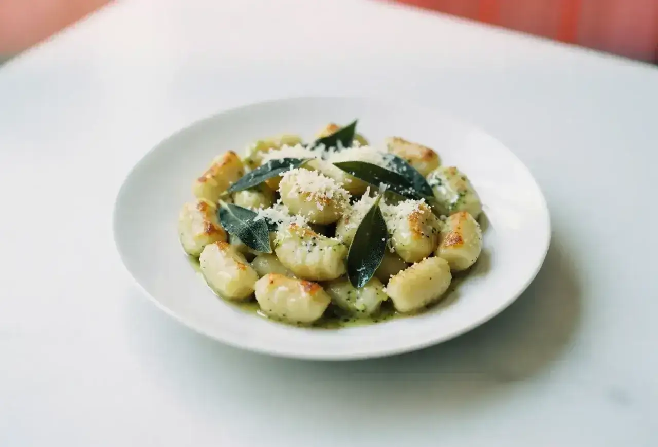 Pyszne gnocchi z sosem, posypane parmezanem i ozdobione listkami szałwii, prezentują się apetycznie na białym talerzu.